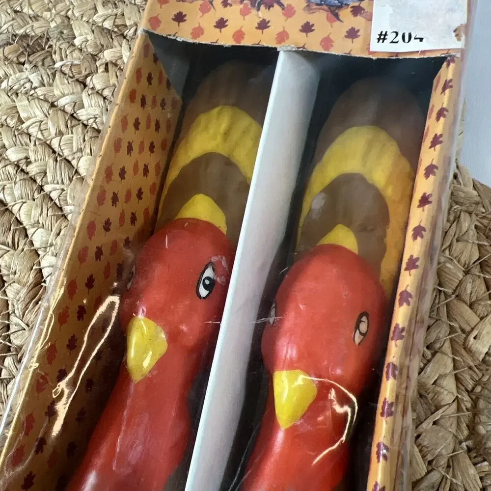 Vintage Turkey Thanksgiving Taper Candles Pair Set of 2 Fall Decor Colorful